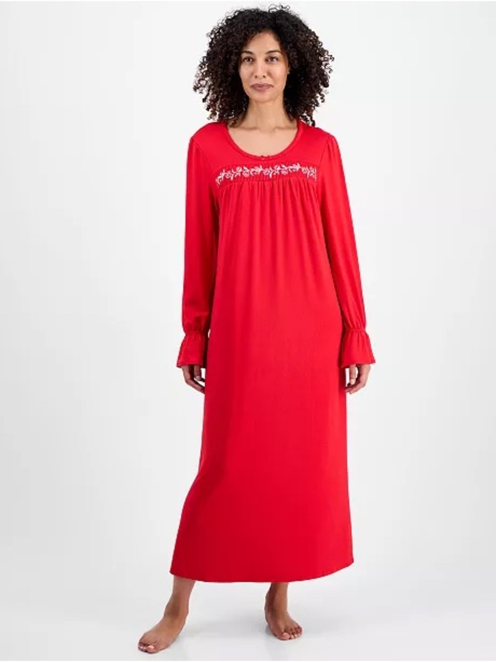 Charter Club Women's Long-Sleeve Embroidered Knit Nightgown Red White $89
